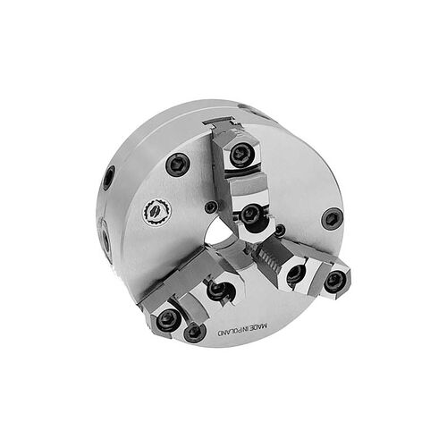 4" 3-Jaw Fine Adjustment Precision Steel Body Scroll Chuck With 2pc Hard Reversible Jaws (Set) product photo Front View L