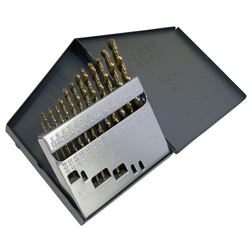 13pc 1/16"-1/4" x 1/64" Heavy-Duty Gold Oxide Cobalt Jobber Length Drill Bit Set product photo Front View L